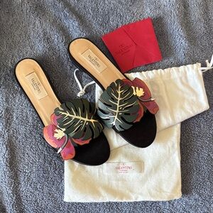 Valentino Garavani 6 Black Slides with Green and Pink Tropical Leaf Appliqués